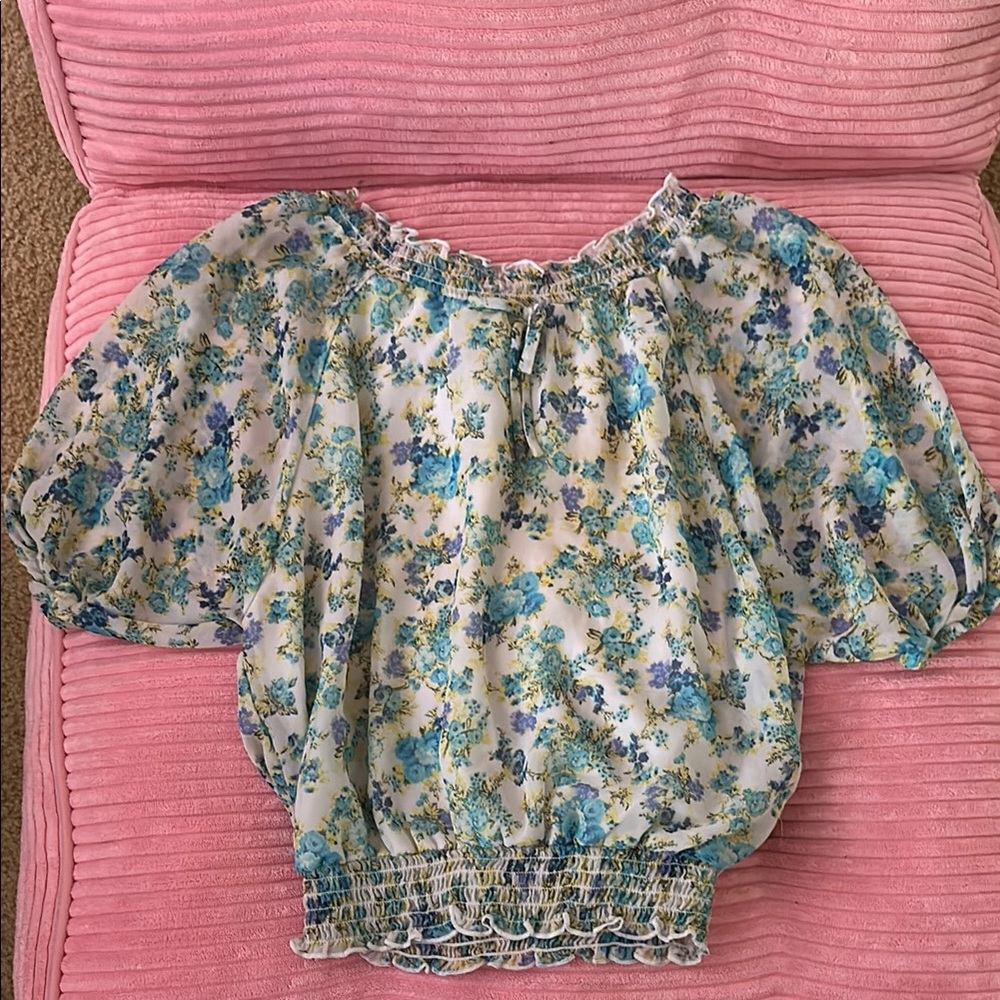 Blue and Silver Smocked Short Sleeve Blouse